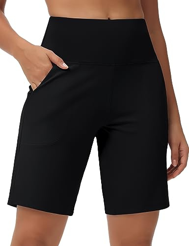 THE GYM PEOPLE Women's Lightweight High Waisted Golf Shorts Bermuda Workout Shorts Long Hiking Running Shorts with Zipper Pockets Black