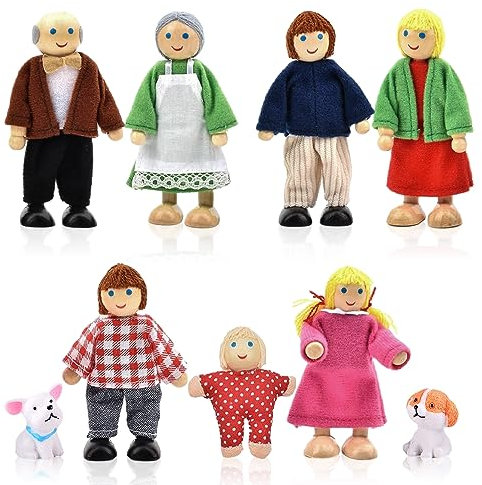 yotutun Hölzerne Puppenhaus Puppen Familie Set mit Katze und Hund, 9 Stück Verstellbare Familienpuppen Figuren Biegepuppen für Puppenhaus Zubehör Geschenk für Puppenhäuseraus