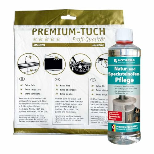 HOTREGA Natur- & Specksteinofen Pflege 500ml | Schutz & Farbauffrischung für Naturstein | Für Kamin, Ofen, Steinflächen | inkl. Premium Microfasertuch