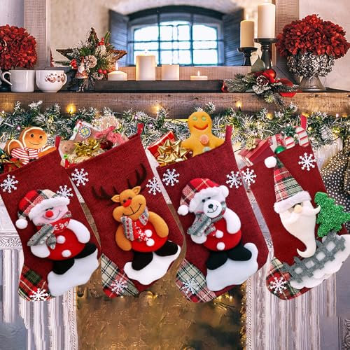 ZFHLZJY Calza di Natale Set di 4 Pezzi,Calze Natalizie da Appendere,Calza di Natale Camino,Candy Sacchetti Regalo per Albero di Natale Festa di Natale Decorazioni,Camino Albero Natale Decorazioni