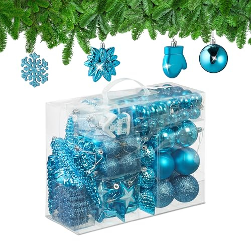Relaxdays Weihnachtskugeln 100er Set, glitzernd, matt & glänzend, Baumschmuck, Kunststoff, Verschiedene Designs, türkis