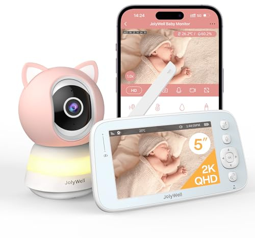 JolyWell Babyphone con fotocamera e app, display IPS da 5 pollici, visione notturna ultra HD, allarme di movimento/piangere, misurazione della temperatura e dell'umidità, luci notturne e ninne