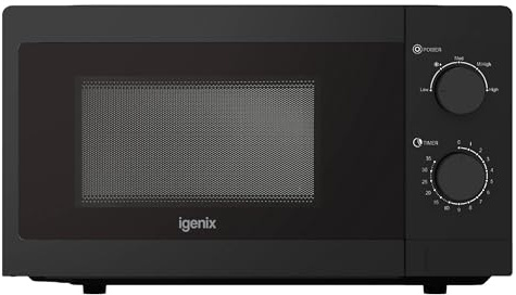 Igenix 20L 800W Black Manual Microwave – 5 Power Levels, Defrost Setting, 35-Min Timer, Push Button Door, 255mm Turntable – IGMS08080B