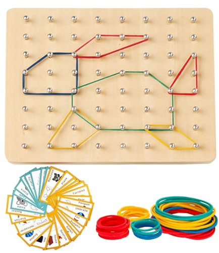 ZHITENG Geoboard in Legno, Giochi Educativi Montessori 50 Elastici e 30 Schede di Modelli, Giochi in Legno Promuovere Il Pensiero Spaziale, Giocattoli Bambini per la Creazione di Figure e Forme