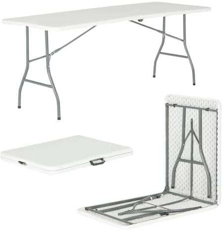 BURAKH 6ft Folding Trestle Table 180cm – Heavy Duty Portable Folding Table with Carry Handle for Catering, Picnic, Camping, Garden, BBQ, Parties & Events – Indoor/Outdoor Use (White)