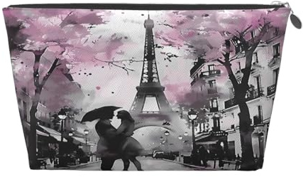 Ginfult Beauty case impermeabile con fiori di ciliegio rosa e torre Eiffel, piccola trousse portatile per cosmetici da viaggio per donne e ragazze