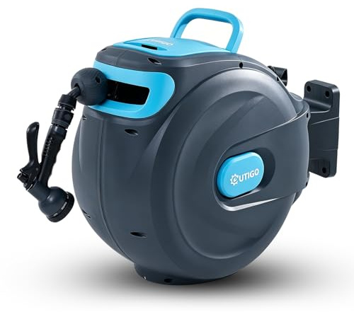 OUTIGO Avvolgitubo da Parete 25m, Riavvolgimento Automatico con Blocco e Supporto Girevole 180°, Svolgicanna con Ugello 8 Modalità per Annaffiare Giardino e Pulire Auto