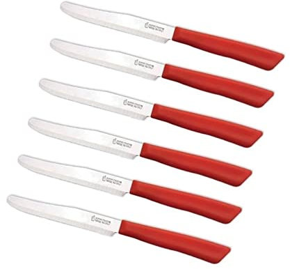 Tredoni 6 Coltelli da Cucina - 11cm Acciaio Inossidabile Italiano Coltello Posate da Verdure/Bistecca/Tavola Seghettato, Punta Arrotondata (Rosso)