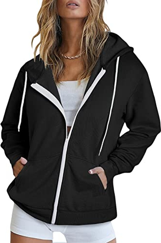 Dokotoo Women's Fall Solid Color Oversized Black Full Zip Up Hoodie Long Sleeve Plus Size Ladies Hooded Sweatshirts Pockets Jacket Coat for Women Teen Girls Fashion 2026 Casual Large