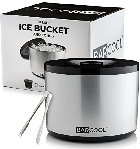 Barcool Ice Bucket with Lid and Ice Tongs | 10 Litre | Round & Double Walled Insulation | Perfect for Home Bars, Pubs, Restaurants, BBQs and Picnics (Silver)