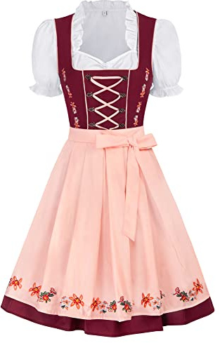JASAMBAC Dirndl 3-delad Oktoberfest Dirndl-traditionell klänning, dirndl-klänningar, karneval, oktoberfest, fest, kostym, Röd-rosa, M