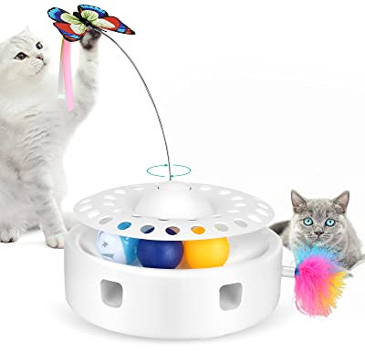 PETTOM 3 in 1 Katzenspielzeug Elektrisch, Mute Interaktives Katzenspielzeug mit Federn & Ballübungs Katzenspielzeug & Rotierender Schmetterling, Selbstbeschäftigung Katzen-Teaser-Spielzeug für Katzen