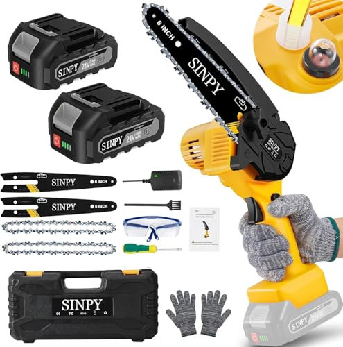 SINPY Mini Chainsaw Cordless, 6 Inch Electric Power Chain Saw with 2 Batteries & 2 Chains, Small Chainsaw with Safety Lock for Tree Trimming, Garden, Wood Cutting Gift for Men Dad Husband Fathers 2025