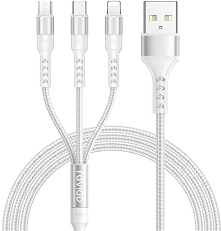 RAVIAD 3 en 1 Cable de Carga, Nylon Multi Micro USB C Cargador 5A Compatible con Android Samsung Galaxy S22 S21 S20 S10, Huawei P30 P20, Honor, Kindle, LG, 1.2M, Plata