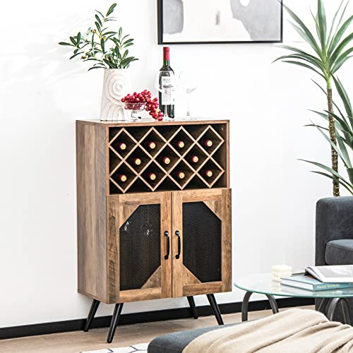 GYMAX Mobile Portabottiglie di Vino Rimovibile, 11 Bottiglie di Vino e 6-9 Bicchieri, Armadietto Credenza Scaffale per Soggiorno, Bar, Antiribaltamento, 59,5 x 35 x 93,5 cm, Marrone Industriale