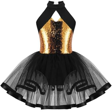 Runhomal Niños Niñas Tutu Vestido Ballet Lentejuelas Brillante Leotardo Baile Clásico Vestido Patinaje Artístico Latino Leotardo Dancewear 3-16 Años, A oro., 11-12 Años