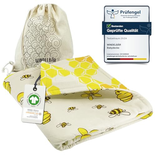 Windelbär Coperta per bambini con api – spessa coperta per gattonare 75 x 100 cm, in 100% cotone biologico, certificato GOTS & ÖKOTEX, attrezzatura iniziale per bambini, 1 pezzo.