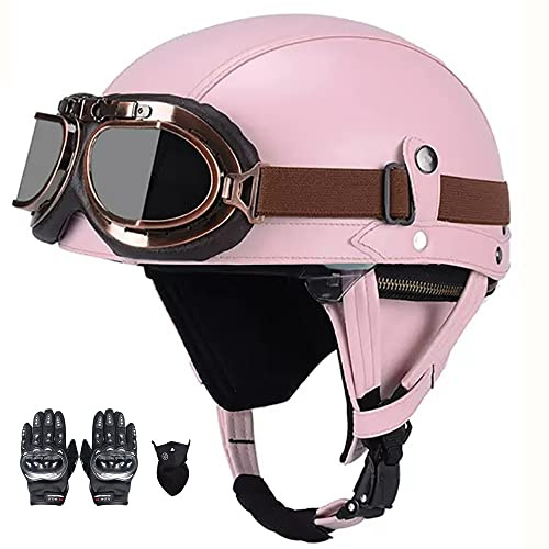 Halber Motorradhelm, PU-Leder Half Helm mit Brille, Retro Halbschale Helm für Erwachsen Damen Und Herren, Jethelm mit DOT/ECE Zertifizierung, für Bike, Cruiser, Scooter (54~61CM)