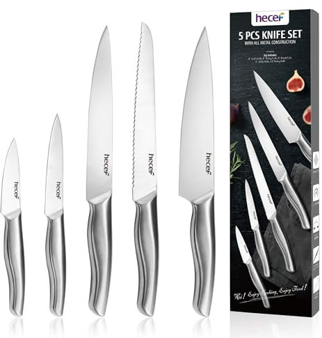 hecef Set di Coltelli, 5 Pezzi Coltelli da Cucina Professionali- Coltello da Chef, Coltello da Pane, Coltello per Affettare, Coltello Multiuso, Coltello da Spelucchino, Acciaio Inox, Argento