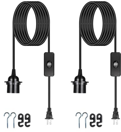Zarnicy Plug in Pendant Light Cord - 16Ft Hanging Light Kit E26/E27 Light Socket Hanging Lantern Lamp Cord with On/Off Switch,Socket Rings, 2 Pack, Black
