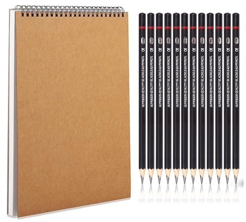 Roosea 1 Zeichenblock A5 Skizzenbuch mit 12 Zeichenstifte Set Blanko Skizzenblock Spiralgebundenes Zeichenblock mit Strapazierfähiger Hartfaserplatte Sketchbook Zeichenbuch Zeichenpapier A5 60 Seiten
