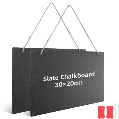 ZOFUN 2 piccole lavagne in ardesia da appendere e scrivere, 30 x 20 cm, lavagna da appendere, lavagna da cucina, lavagna con gesso e nastro di iuta