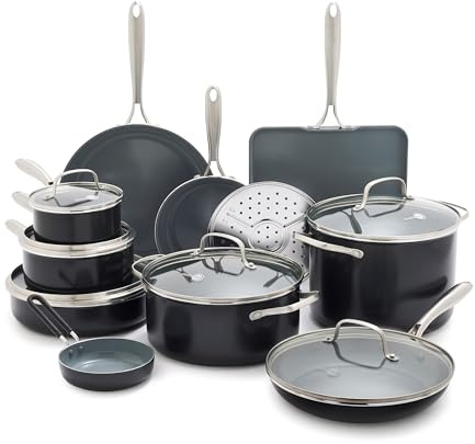GreenPan 17 Piece Nonstick Swift Cookware Set, Ceramic PFAS-Free Pots & Pans with Lids, Dishwasher & Oven/Broiler Safe to 600F, Kitchen Cooking Set, Sauce, Saute, Stock, Griddle, Frying Pans, Gray