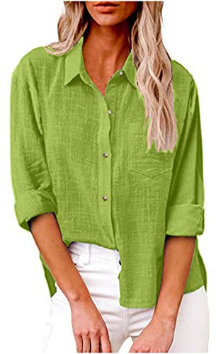 Prime of Day Deals Today 2024 Womens Tops Dressy UK Casual Summer Button Down Cotton Linen Shirts Work Office Women Blouse and Shirts Roll Up Long Sleeve Lapel Blouses Trendy Loose Fit Ladies Tops