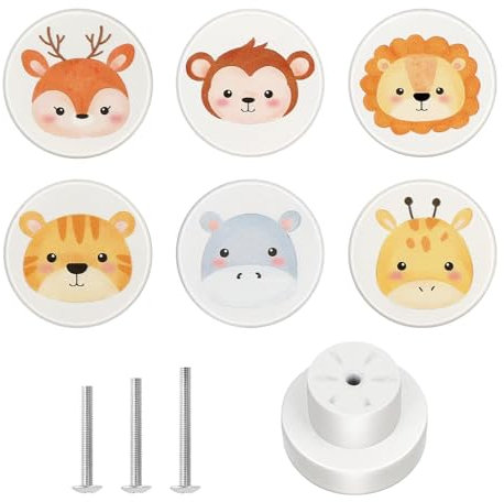ShipeeKin 6x Tiere Holz Schubladengriff 35mm Runde Möbelknöpfe Weiße Türgriff Knöpfe Süße Kommodenknöpfe für Kinder Schlafzimmers TürKommode Schublden(Tiere)
