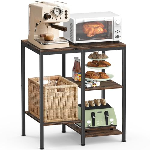 OGEMXU Kitchen Microwave Stand,4-Tier Adjustable Bakers Rack, Microwave Cart with Storage, Small Coffee Bar Table Appliance Shelf for Living Room,Office,Rustic Brown