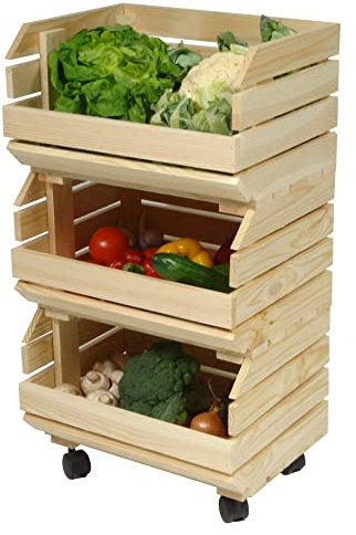 GoodFreshDecor Stapelkisten Set Gemüseregal Mit Rollen 3 Holzkisten Regal Obsthorde Kartoffelkiste Holz Natur Mit Montageanleitung