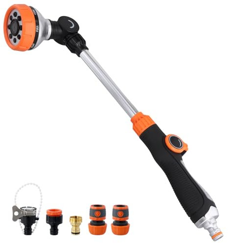 QWORK® Doccia da giardino da 47 cm con doccetta a 8 getti - inclusi 2 connettori per tubo flessibile e 3 connettori per rubinetto - per irrigazione, lavaggio auto, doccia per animali domestici