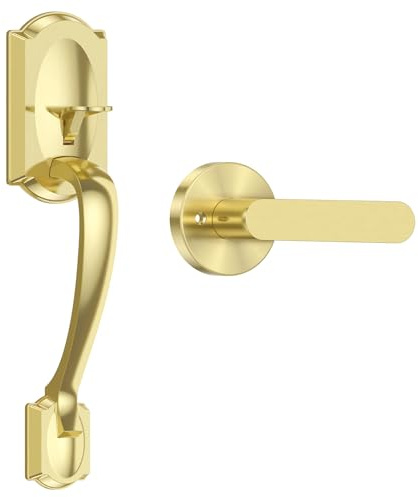 Calzibeno Front Door Handle, Gold Exterior Door Handle with Passage Lever, Vintage Front Entry Door Handle No Lock, Reversible for Left & Right Handed Doors, Lower Half Grip, Satin Brass