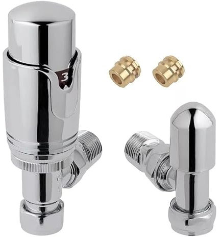 Team Controls Angled Thermostatic Radiator Valve TRV & Lockshield 10mm x 1/2'' Chrome Pack- inc 2no. 10mm Inset reducers