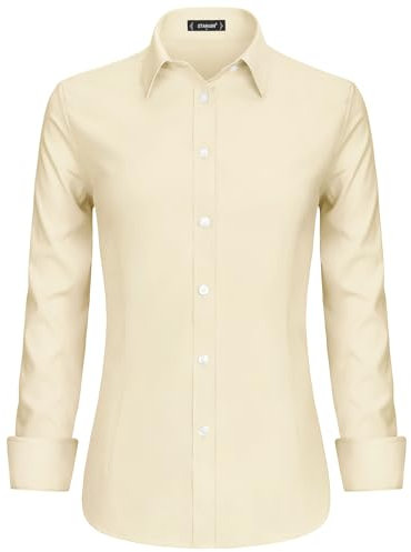 Stamain Beige Shirt Women Long Sleeve Executive Formal Work Shirts for Women UK Fitted Stretch Button Up Dress Shirt with Single Cuff M