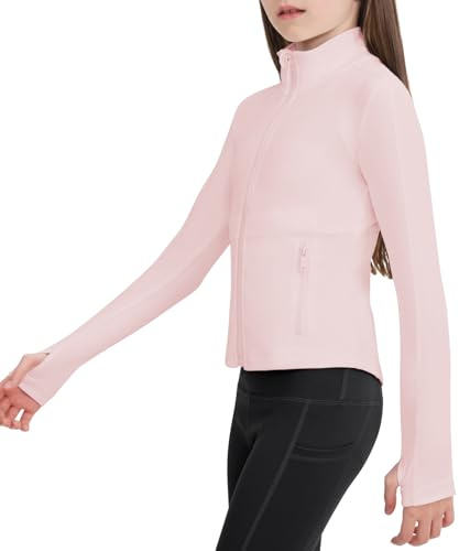 B&GCozy Giacca sportiva leggera da ragazza, con cerniera intera, per yoga, corsa, equitazione, con tasca, 6-15 anni, Rosa, 14-15 Anni