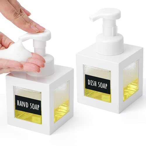 Segbeauty Dispensador Jabon Baño, 2 Piezas 350ml Dispensador de Espuma, Botes para Gel y Champu, Dosificador Jabon de Plástico con Etiquetas, para Encimera de Cocina (Blanco)