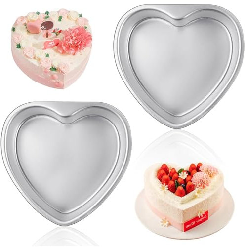 2 Pcs Heart Cake Tins Moulds - 4-Inch Heart Shape Aluminum Alloy Muffin Tins - Reusable Fixed-Base Heat Resistant Nonstick Cakes Pans,Metal Baking Tray for Christmas Birthday Wedding Pudding (Silver)