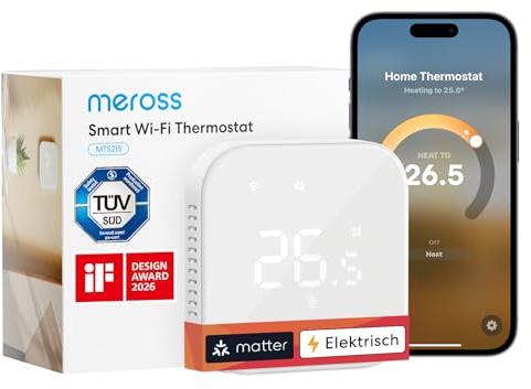 Meross Matter Termostato Wifi, Termostato Ambiente per Riscaldamento a Pavimento WiFi, Riscaldamento e Raffreddamento Compatibile con HomeKit, Home Assistant, Alexa e Google, Controllo Vocale e Remoto