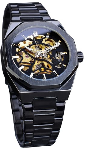 FORSINING Orologio da polso ottagonale automatico da uomo in acciaio inossidabile nero con quadrante intagliato, argentato, retrò