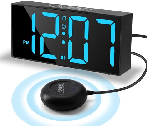 Lafocuse Högt vibrationsklocka för djupsömnade/hörsellös, digital väckarklocka 7,4 tum stor display, justerbar ljusstyrka, 4 volymer, 12/24 HR, snooze för sovrum