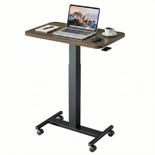 HUANUO Small Rolling Laptop Standing Desk, Height Adjustable Mobile T-Base Desk with Lockable Casters, Portable Sit-Stand Workstation for Bedside & Sofa, Walnut