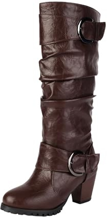 Stivali Alti Fino Al Ginocchio Da Donna Con Doppia Fibbia Stivali In Pelle PU Con Tacco Largo Scarpe Slip-on A Gamba Larga Scarpe Con Tacco Alto Da Donna Taglie Forti Autunno Inverno(Brown,38 EU)
