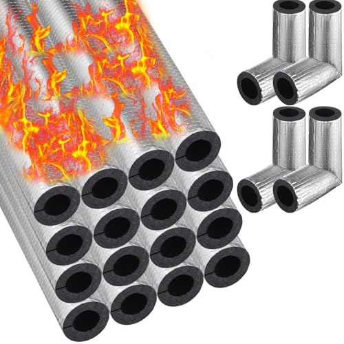 Pangda 24 Pcs Pipe Insulation Foam Tube 3/4'' Self Adhesive Pre Slit Aluminum Foil Wrap 1'' Elbow Foam Pipe Covers Winter Freeze Protection for Spigot Outside Pipes Sprinkler Water Heater Pipes
