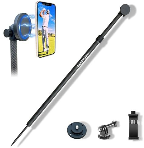 Carbon Fiber Monopod Golf Swing Recorder - Ultra Lightweight with MagSafe Magnetic Holder - Adjustable 32-55 Height - Ground Spike - Training Aid for iPhone Android