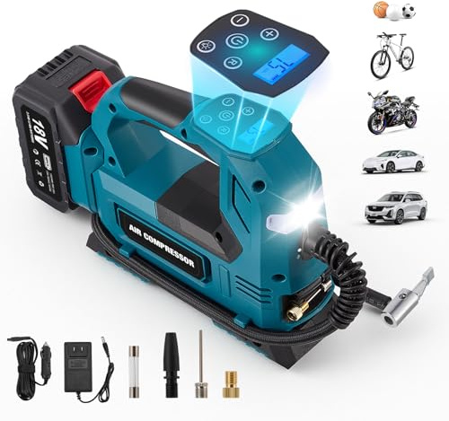 Compresseur à air portatif 150 PSI sans fil, mini compresseur d’air numérique avec lampe de travail LED et arrêt automatique, gonfleur pneus voiture pour auto, moto, vélo (3Ah batterie)