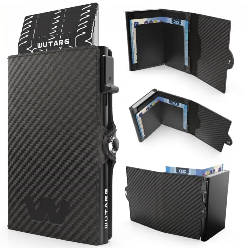 WUTARG Tarjetero Hombre Urban Series Cartera Minimalista RFID NFC con Pop-up metálico, Cuero PU, Billetera compacta antirrobo para Tarjetas y Billetes - 10 × 6,5 × 2 cm (Carbon)