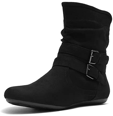 Herstyle Slouch Flat Ankle Booties for Women – Short Boots with Buckle, Low Heel Side Zipper Fashion Booties for Fall Winter Walking, Black, Size 10.0, Lindell
