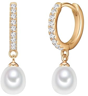 Valero Pearls Damen-Creolen Sterling Silber 925 gelbvergoldet Süßwasser-Zuchtperlen weiß - Ohrhänger für Frauen in Gelbgold-Farben mit Süßwasser-perle