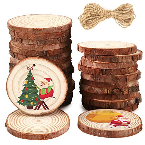 VGOODALL Holzscheiben, 36 Stück 7-8 cm Runde Holzscheiben mit Loch und Juteschnur, Unbearbeitete Kiefernholz Kreise zum Basteln, Weihnachtsdeko, Geschenk Anhänger und Hochzeitsdekoration